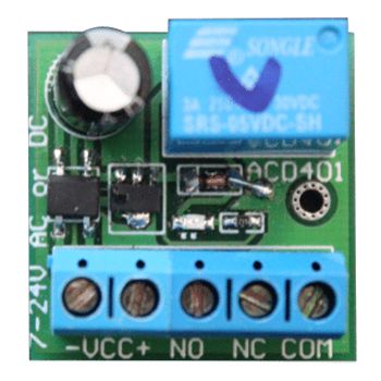 PSS, SPDT relay, 8-24V AC/ or DC input voltage, Relay rated to 3A at 240V AC or 30V DC, 49mm x 34mm.