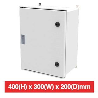 ALLBRO, Hinged enclosure, SMC material, Grey, IP66 & IK10 rated, Flame retardant, Internal Hinges, 400(H) x 300(W) x 200(D)mm, Incl 2 x T- Lock locks & internal SMC device plate for mounting products.