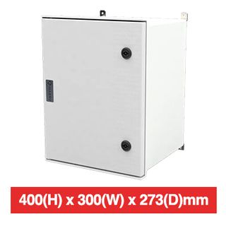 ALLBRO, Hinged enclosure, SMC material, Grey, IP66 & IK10 rated, Flame retardant, Internal Hinges, 400(H) x 300(W) x 273(D)mm, Incl 2 x T- Lock locks & internal SMC device plate for mounting products.