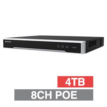 HIKVISION, 8K-IP PoE NVR, 8 channel POE (IEEE 802.3af/at), 128Mbps bandwidth, 1x 4TB SATA HDD (2x 14TB max), VMD, Ethernet, 1x USB2.0 & 1x USB3.0, 1 Audio In/Out, HDMI/VGA