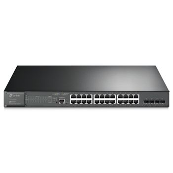 TP LINK, 24 port POE gigabit Layer 2 managed switch, Rack or Desk mount, Steel case, 24x Gigabit POE+ ports, 4x Gigabit SFP ports, 384W total power budget.