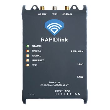 PERMACONN, RAPIDLink, 4G LTE router & alarm comunicator, Dual SIM, 1x WAN & 2x LAN ports (10/100Mbps), 2.4Ghz WiFi, 3 inputs + 3 outputs, 10 - 15V DC, 0.35A (max).