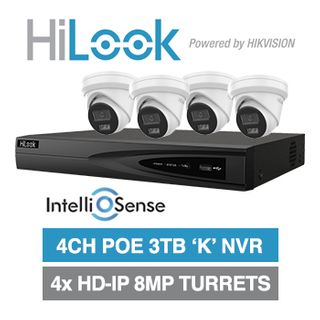 HILOOK, 4 channel IntelliSense HD-IP turret 8MP kit, Includes 1x NVR-104MH-K/4P-3T 4ch POE NVR w/ 3TB HDD & 4x IPC-T282H-MU-2.8 8MP IP IR turret cameras w/ 2.8mm fixed lens