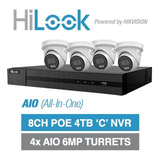 HILOOK, 8 channel AIO HD-IP turret 6MP kit, Includes 1x NVR-108MH-C/8P-4T 8ch POE NVR w/ 4TB HDD & 4x IPC-T269H-MU/SL-2.8 6MP IP IR turret cameras w/ 2.8mm fixed lens