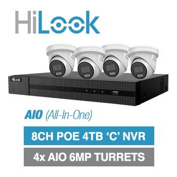 HILOOK, 8 channel AIO HD-IP turret 6MP kit, Includes 1x NVR-108MH-C/8P-4T 8ch POE NVR w/ 4TB HDD & 4x IPC-T269H-MU/SL-2.8 6MP IP IR turret cameras w/ 2.8mm fixed lens