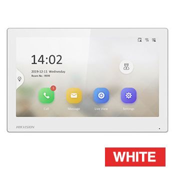 HIKVISION, IP Intercom room station, 7" IPS Touchscreen 1024x600, Hands free, 8x alarm inputs, 2x Relays, White, Max 128GB SD, 12V DC, POE, WIFI.