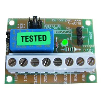 TMD, DPDT relay, 12/24V DC input voltage (selectable), Relay rated to 1A,  48mm x 35mm, connector pins for the TR800-433BM receiver.