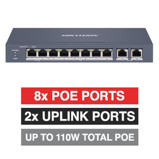 HIKVISION, 8 Port Ethernet POE network switch, Smart managed, 8x 10/100Mbps PoE ports, 2x 10/100/1000 Mbps Uplink port, Max port output 60W power, Total POE power up to 110W, IEEE802.3af/at