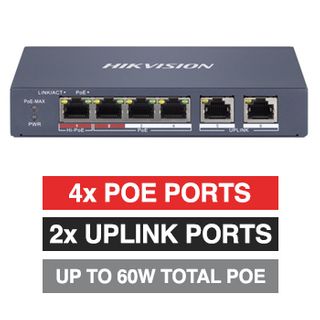 HIKVISION, 4 Port Ethernet POE network switch, Smart managed, 4x 10/100Mbps PoE ports, 2x 10/100Mbps Uplink port, Max port output 60W power, Total POE power up to 60W, IEEE802.3af/at