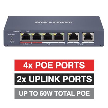 HIKVISION, 4 Port Ethernet POE network switch, Smart managed, 4x 10/100Mbps PoE ports, 2x 10/100Mbps Uplink port, Max port output 60W power, Total POE power up to 60W, IEEE802.3af/at