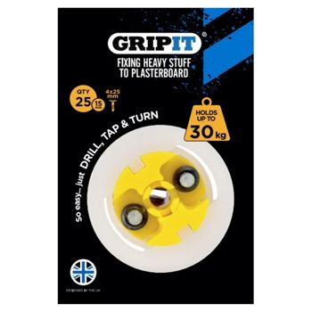 GRIPIT, 15mm plaster board anchor, Drill/Tap/Turn technology, holds up to 30kg, 25 pack