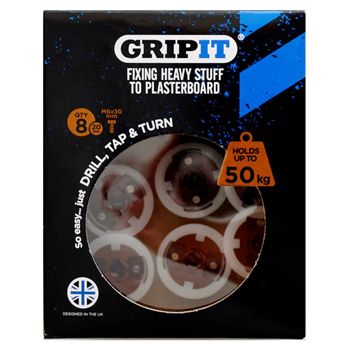 GRIPIT, 20mm plaster board anchor, Drill/Tap/Turn technology, holds up to 50kg, 8 pack