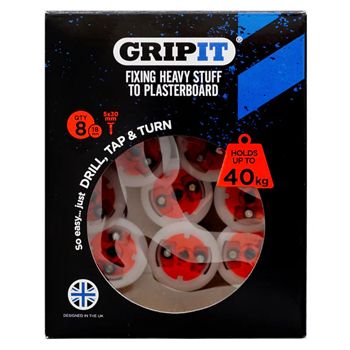 GRIPIT, 18mm plaster board anchor, Drill/Tap/Turn technology, holds up to 40kg, 8 pack