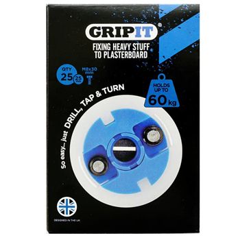 GRIPIT, 25mm plaster board anchor, Drill/Tap/Turn technology, holds up to 60kg, 25 pack