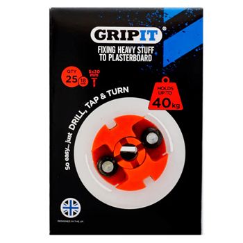 GRIPIT, 18mm plaster board anchor, Drill/Tap/Turn technology, holds up to 40kg, 25 pack