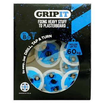 GRIPIT, 25mm plaster board anchor, Drill/Tap/Turn technology, holds up to 60kg, 8 pack