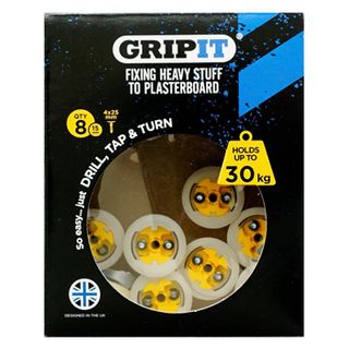 GRIPIT, 15mm plaster board anchor, Drill/Tap/Turn technology, holds up to 30kg, 8 pack