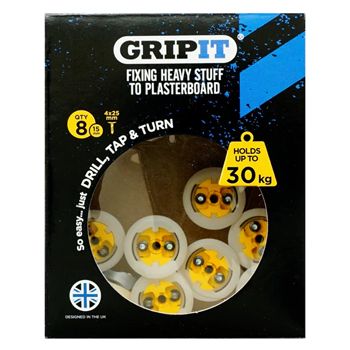 GRIPIT, 15mm plaster board anchor, Drill/Tap/Turn technology, holds up to 30kg, 8 pack