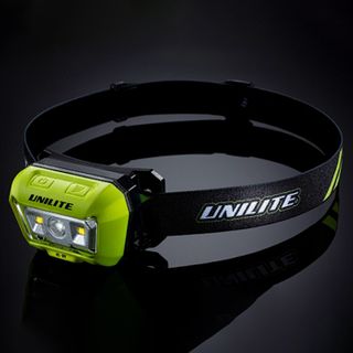 UNILITE, Rechargeable Twin LED Head Torch, 475 lumens, Silicon head band, On/Off or Sensor Mode button, 47.5 x 78.5 x 46mm, 111g, 35 hour run time on low, 3.7v lithium battery, IP65, IK07