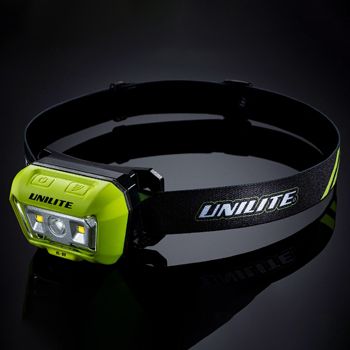 UNILITE, Rechargeable Twin LED Head Torch, 475 lumens, Silicon head band, On/Off or Sensor Mode button, 47.5 x 78.5 x 46mm, 111g, 35 hour run time on low, 3.7v lithium battery, IP65, IK07