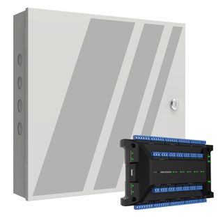 HIKVISION, 4 Door Network access controller, Browser support, Exp to 128 doors, 4x relays, 20x inputs, 4x alarm outputs, 4x Wiegand inputs, 100,000 users, 600,000 events, RS-485, battery backup, 240V.