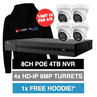 HILOOK, 8 channel IntelliSense HD-IP turret 6MP kit, Includes 1x NVR-108MH-C/8P-4T 8ch POE NVR w/ 3TB HDD & 4x IPC-T262H-MU 6MP IP IR turret cameras w/ 2.8mm fixed lens