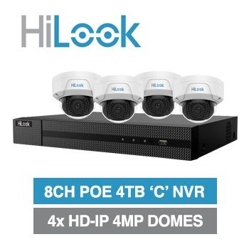 HILOOK, 8 channel HD-IP dome 4MP kit, Includes 1x NVR-108MH-C/8P-4T 8ch POE 'C Series' NVR w/ 4TB HDD & 4x IPC-D140H-M-2.8 4MP IP IR dome cameras w/ 2.8mm fixed lens