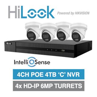 HILOOK, 4 channel IntelliSense HD-IP turret 6MP kit, Includes 1x NVR-104MH-C/4P-4T 4ch POE NVR w/ 4TB HDD & 4x IPC-T262H-MU 6MP IP IR turret cameras w/ 2.8mm fixed lens