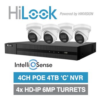 HILOOK, 4 channel IntelliSense HD-IP turret 6MP kit, Includes 1x NVR-104MH-C/4P-4T 4ch POE NVR w/ 4TB HDD & 4x IPC-T262H-MU 6MP IP IR turret cameras w/ 2.8mm fixed lens