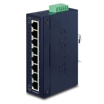 PLANET, 8 Port Industrial Gigabit switch, 8x  10/100/1000BASE-T ports, Hardened IP30 rated case, -40 - 75°C operating temperature, DIN rail or wall mount, 135(W) x 32(H) x 87(D)mm, 12V-48V DC/24V AC