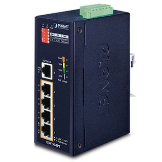 PLANET, 5 Port Industrial switch, 5 10/100 Mbps POE 15.4 Watt ports, Hardened -40 to +75 degrees C, IP30 case, DIN rail and wall mount, 24V DC or 48V DC input