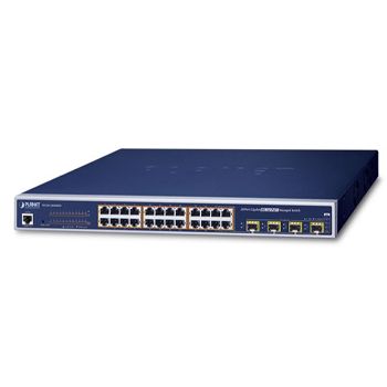 PLANET, 24 Port Gigabit POE Managed non stackable switch, 24 Ports Gigabit 15.4 Watt IEEE 802.3af, 19" 1 RU rack mounting, 380W output max,