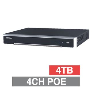 HIKVISION, HD-IP PoE M Series NVR, 4 channel POE (IEEE 802.3af/at), 40Mbps bandwidth, 1x 4TB SATA HDD (1x 16TB max), VMD, Ethernet, 2x USB2.0, 1 Audio In/Out, HDMI/VGA