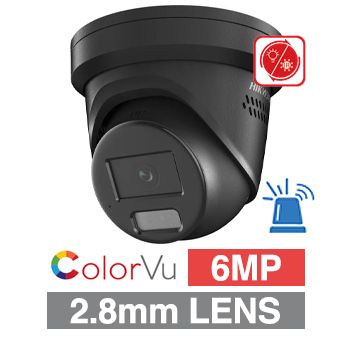 HIKVISION, 6MP ColorVu Hybrid HD-IP outdoor Turret camera w/ mic, Black, 2.8mm fixed lens, 30m IR & White LED, WDR, Microphone & Speaker, 1/1.8” CMOS, H.265+, IP67, Tri-axis, 12V DC/POE