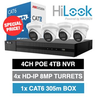 HILOOK, 4 channel IntelliSense HD-IP turret 8MP kit, Incl. 1x NVR-104MH-C/4P-4T 4ch POE NVR w/ 4TB HDD, 4x IPC-T282H-MU 8MP IP IR turret cameras w/ 2.8mm fixed lens, 1x HIKVISION Cat6 cable 305m box