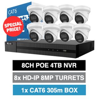 HILOOK, 8 channel IntelliSense HD-IP turret 8MP kit, Incl. 1x NVR-108MH-C/8P-4T 8ch POE NVR w/ 4TB HDD & 8x IPC-T282H-MU 8MP IP IR turret cameras w/ 2.8mm fixed lens, 1x HIKVISION Cat6 cable 305m box