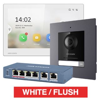 HIKVISION, IP Intercom Kit, Includes 1x DS-KH6350-WTE1/WHITE 7" room station, 1x DS-KD8003-IME1 door station module, 1x DS-KD-ACF1/PLASTIC flush mount backbox/frame & 1x DS-3E0106HP-E POE switch