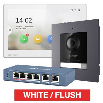 HIKVISION, IP Intercom Kit, Includes 1x DS-KH6350-WTE1/WHITE 7" room station, 1x DS-KD8003-IME1 door station module, 1x DS-KD-ACF1/PLASTIC flush mount backbox/frame & 1x DS-3E0106HP-E POE switch