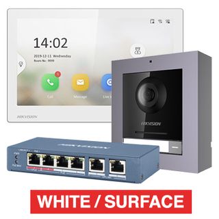 HIKVISION, IP Intercom Kit, Includes 1 x DS-KH6350-WTE1/WHITE 7" room station, 1 x DS-KD8003-IME1 door station module, 1x DS-KD-ACW1 surface mount backbox/frame & 1x DS-3E0106HP-E POE switch