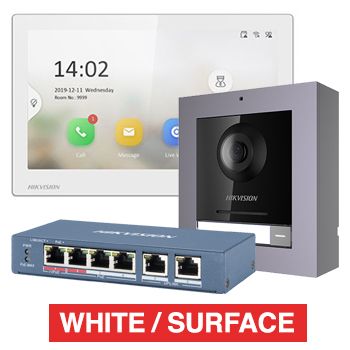 HIKVISION, IP Intercom Kit, Includes 1 x DS-KH6350-WTE1/WHITE 7" room station, 1 x DS-KD8003-IME1 door station module, 1x DS-KD-ACW1 surface mount backbox/frame & 1x DS-3E0106HP-E POE switch