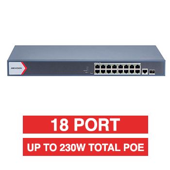 HIKVISION, 16 Port Ethernet POE Smart Managed Gigabit network switch, 16x Gigabit POE ports + 1x Gigabit RJ45 & 1x SFP Uplink ports (Shared), Max port output 30W power, Total POE power up to 230W