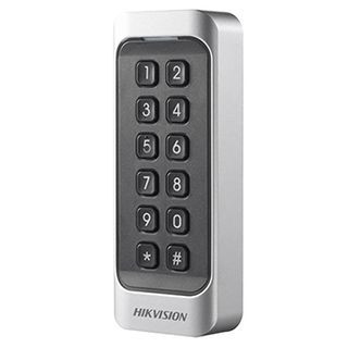 HIKVISION, Pro series, Keypad & card reader, Mullion style, Thin profile, Built in buzzer, Two colour LED, Mifare compatible, 26bit/34bit Wiegand out, RS485, 12V DC, 160mA.