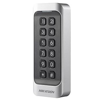 HIKVISION, Pro series, Keypad & card reader, Mullion style, Thin profile, Built in buzzer, Two colour LED, Mifare compatible, 26bit/34bit Wiegand out, RS485, 12V DC, 160mA.