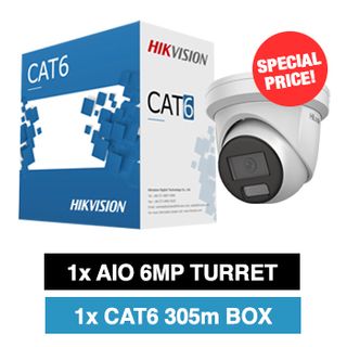 HILOOK, AIO camera + cable kit, Includes 1x IPC-T269H-MU/SL-2.8 6MP IP IR turret camera w/ 2.8mm fixed lens & 1x HIKVISION Cat6 cable 305m box