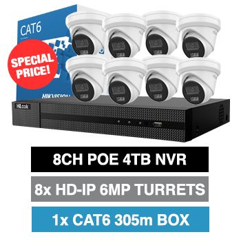 HILOOK, 8 channel IntelliSense HD-IP turret 6MP kit, Incl. 1x NVR-108MH-C/8P-4T 8ch POE NVR w/ 4TB HDD & 8x IPC-T262H-MU 6MP IP IR turret cameras w/ 2.8mm fixed lens, 1x HIKVISION Cat6 cable 305m box