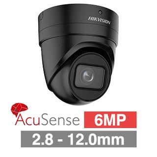 HIKVISION, 6MP AcuSense G2 HD-IP outdoor Vandal Turret camera, Black, 2.8-12mm motorised zoom lens, 40m IR, WDR, I/O (Alarm & Audio), 1/2.4” CMOS, H.265+, IP66, IK10, Tri-axis, 12V DC/POE