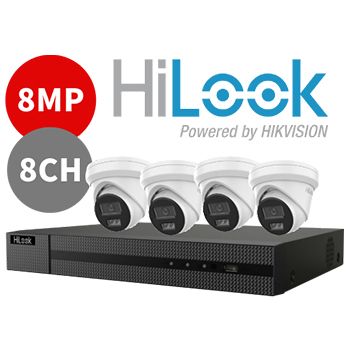 HILOOK, 8 channel IntelliSense HD-IP turret 8MP kit, Incl. 1x NVR-108MH-C/8P-4T 8ch POE NVR w/ 4TB HDD & 4x IPC-T282H-MU 8MP IP IR turret cameras w/ 2.8mm fixed lens