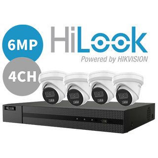 HILOOK, 4 channel IntelliSense HD-IP turret 6MP kit, Incl. 1x NVR-104MH-C/4P-4T 4ch POE NVR w/ 4TB HDD, 4x IPC-T262H-MU 6MP IP IR turret cameras w/ 2.8mm fixed lens