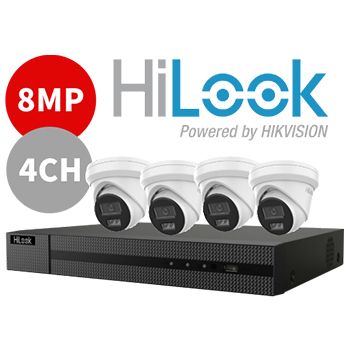 HILOOK, 4 channel IntelliSense HD-IP turret 8MP kit, Incl. 1x NVR-104MH-C/4P-4T 4ch POE NVR w/ 4TB HDD, 4x IPC-T282H-MU 8MP IP IR turret cameras w/ 2.8mm fixed lens