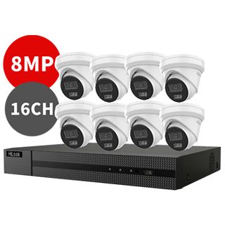 HILOOK, 16 channel IntelliSense HD-IP turret 8MP kit, Incl. 1x NVR-216MH-C/16P-4T 16ch POE NVR w/ 4TB HDD & 8x IPC-T282H-MU 8MP IP IR turret cameras w/ 2.8mm fixed lens